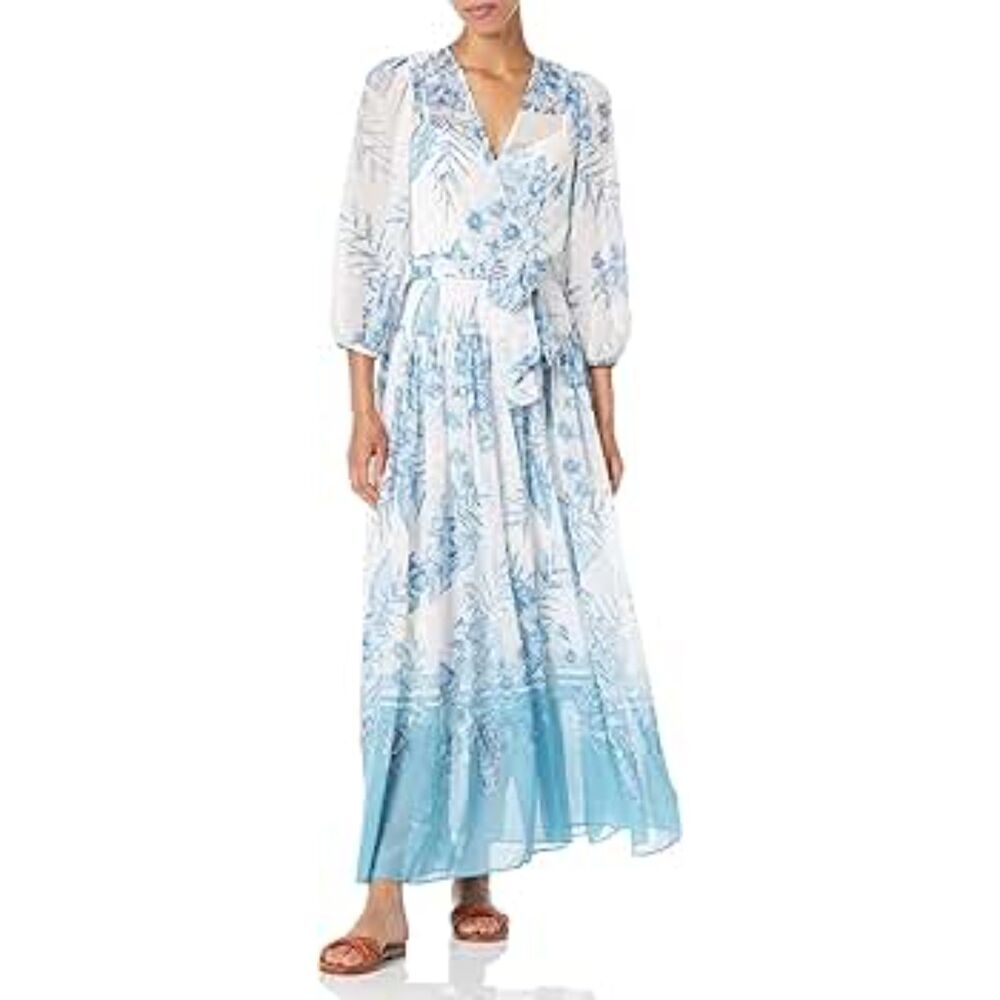 Calvin Klein Printed Maxi Dress Long Sleeve Faux Wrap Style Dress | 14